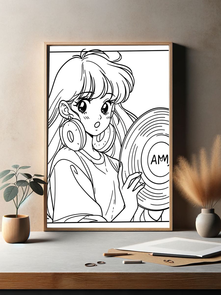 Anime Girl with Vinyl Record Poster. — room view 2