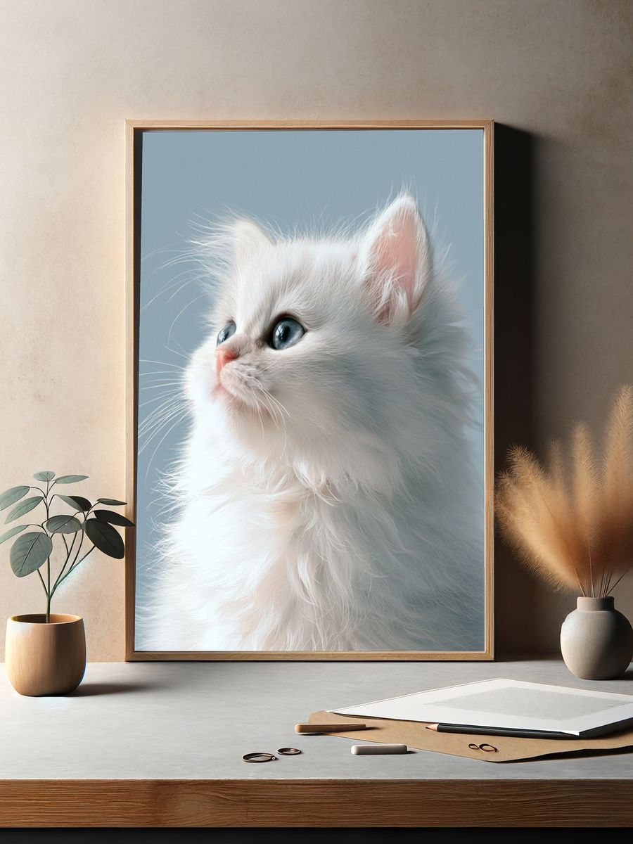 White Kitten Portrait Print. — room view 2