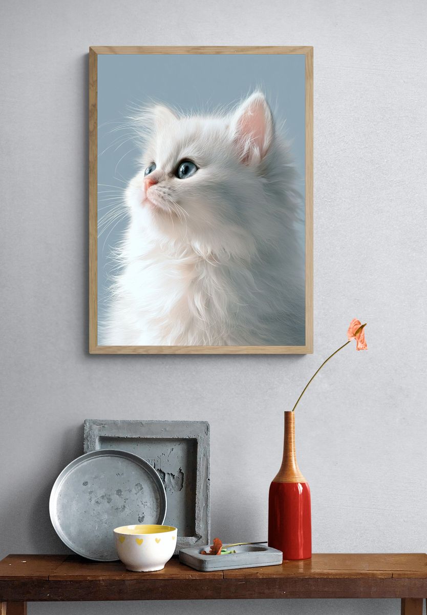 White Kitten Portrait Print. — room view 3