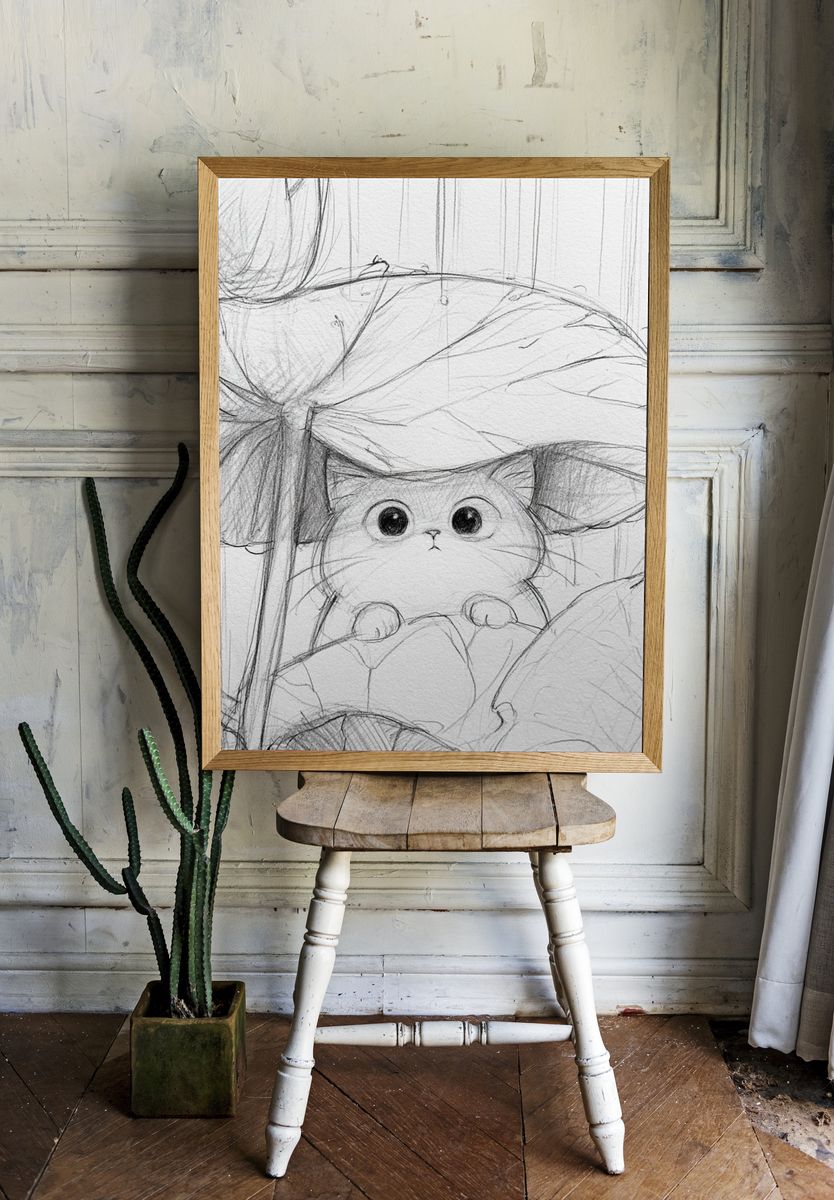 Cat Under Mushroom Sketch Poster. — room view 1