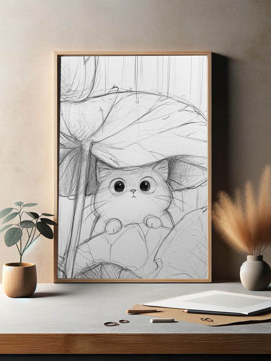 Cat Under Mushroom Sketch Poster. — room view 2