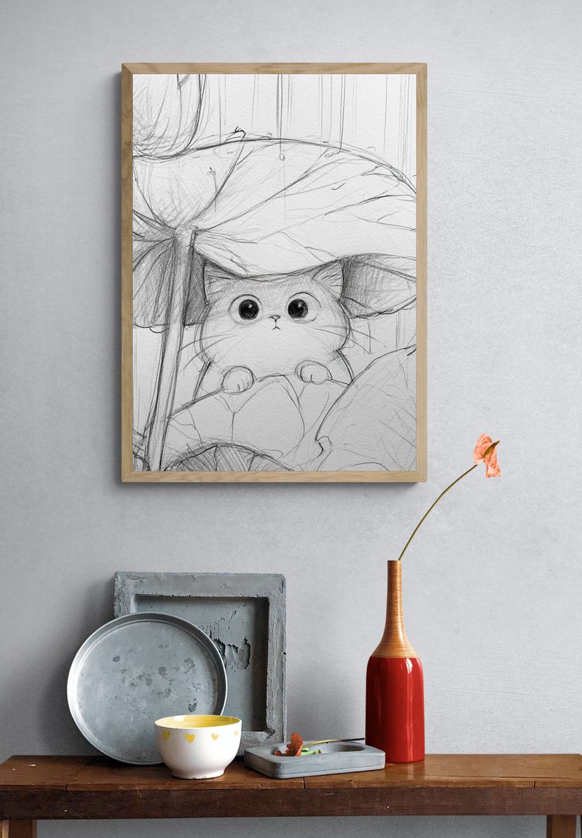 Cat Under Mushroom Sketch Poster. — room view 3