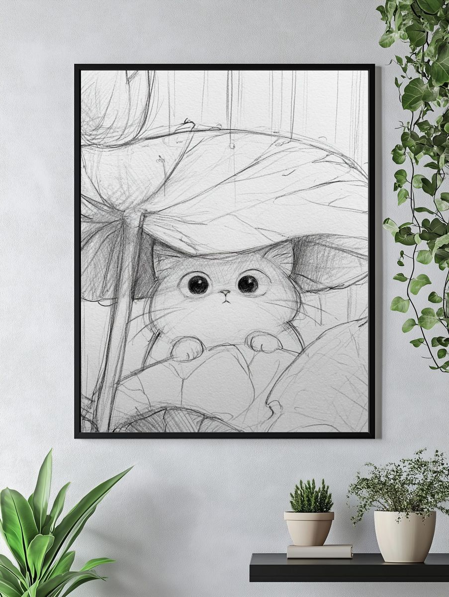 Cat Under Mushroom Sketch Poster. — room view 4