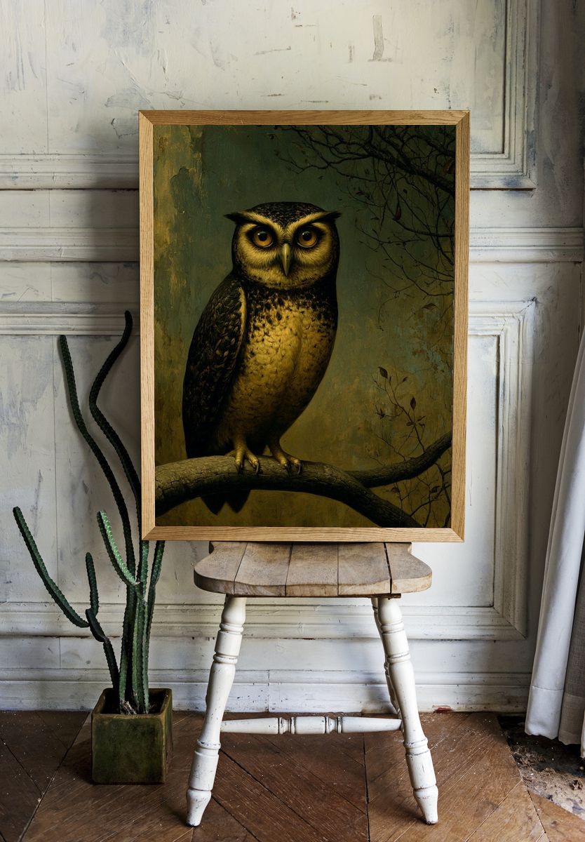 Owl on Branch Illustration Poster. — room view 1