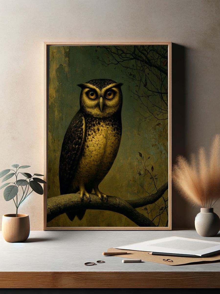 Owl on Branch Illustration Poster. — room view 2