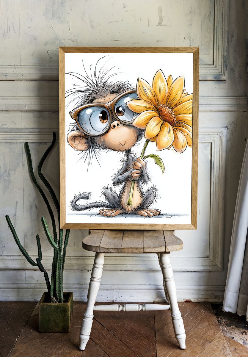 Monkey with Flower Illustration Poster. — room view 1