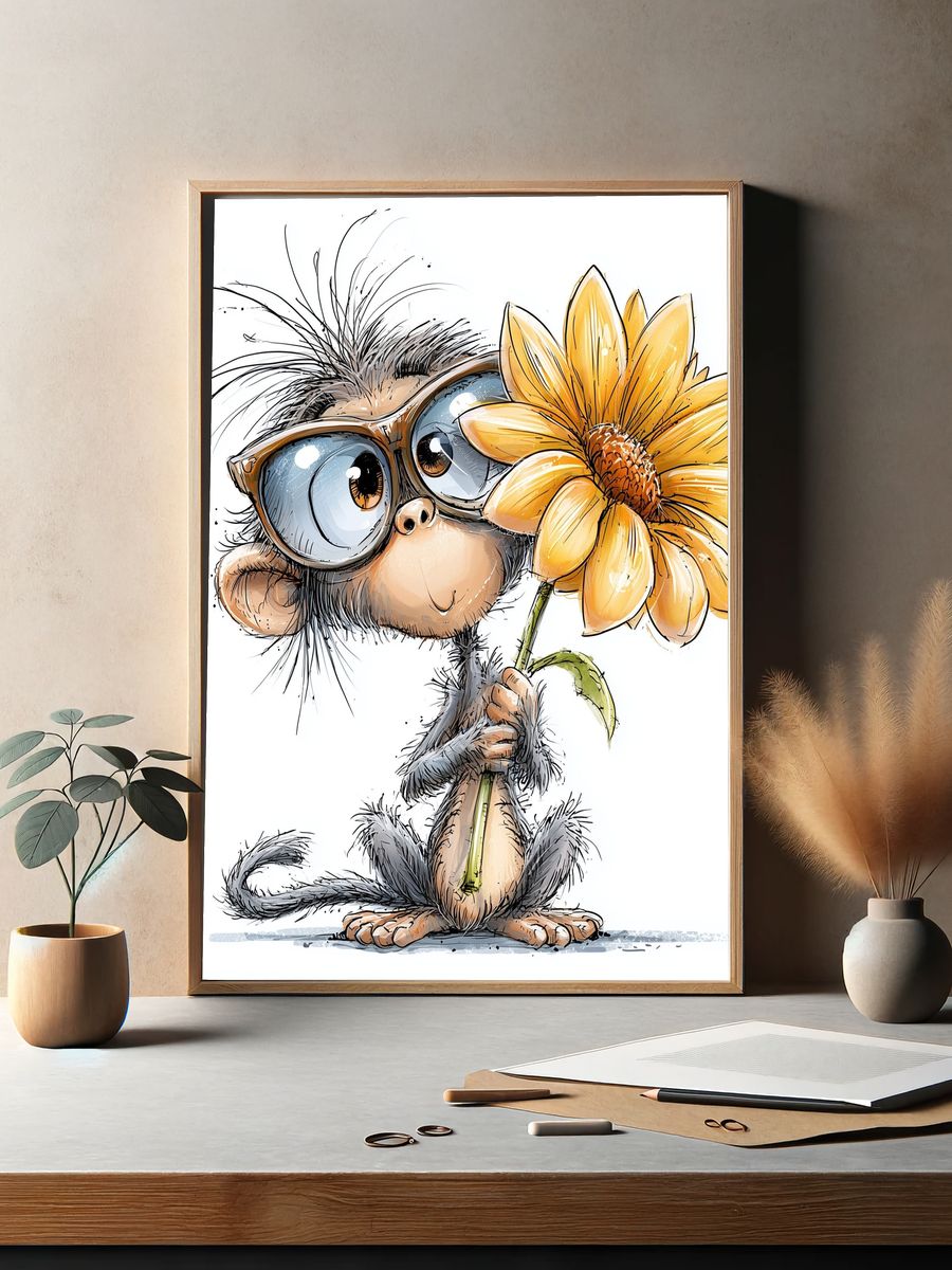 Monkey with Flower Illustration Poster. — room view 2