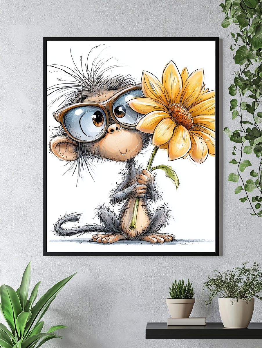 Monkey with Flower Illustration Poster. — room view 4