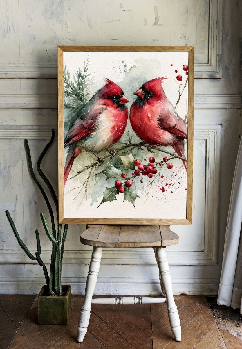 Cardinal Pair Watercolor Poster. — room view 1