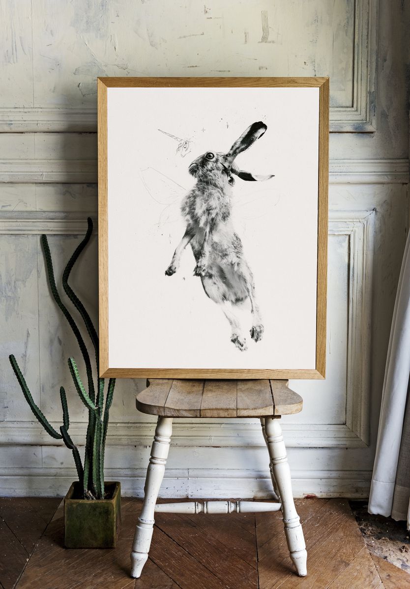Leaping Hare Black-White Print. — room view 1