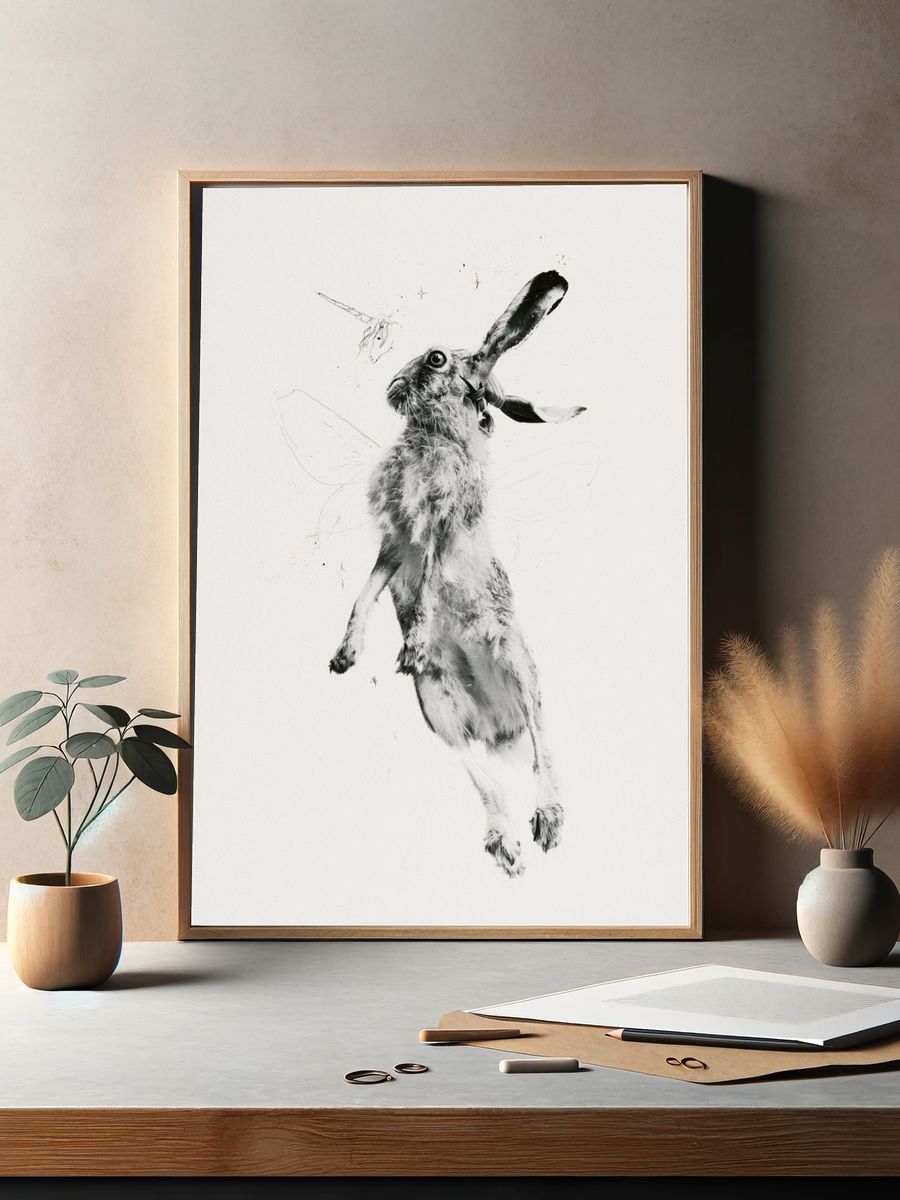 Leaping Hare Black-White Print. — room view 2