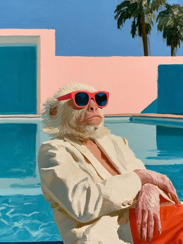 Poolside Monkey Portrait Print. poster detail