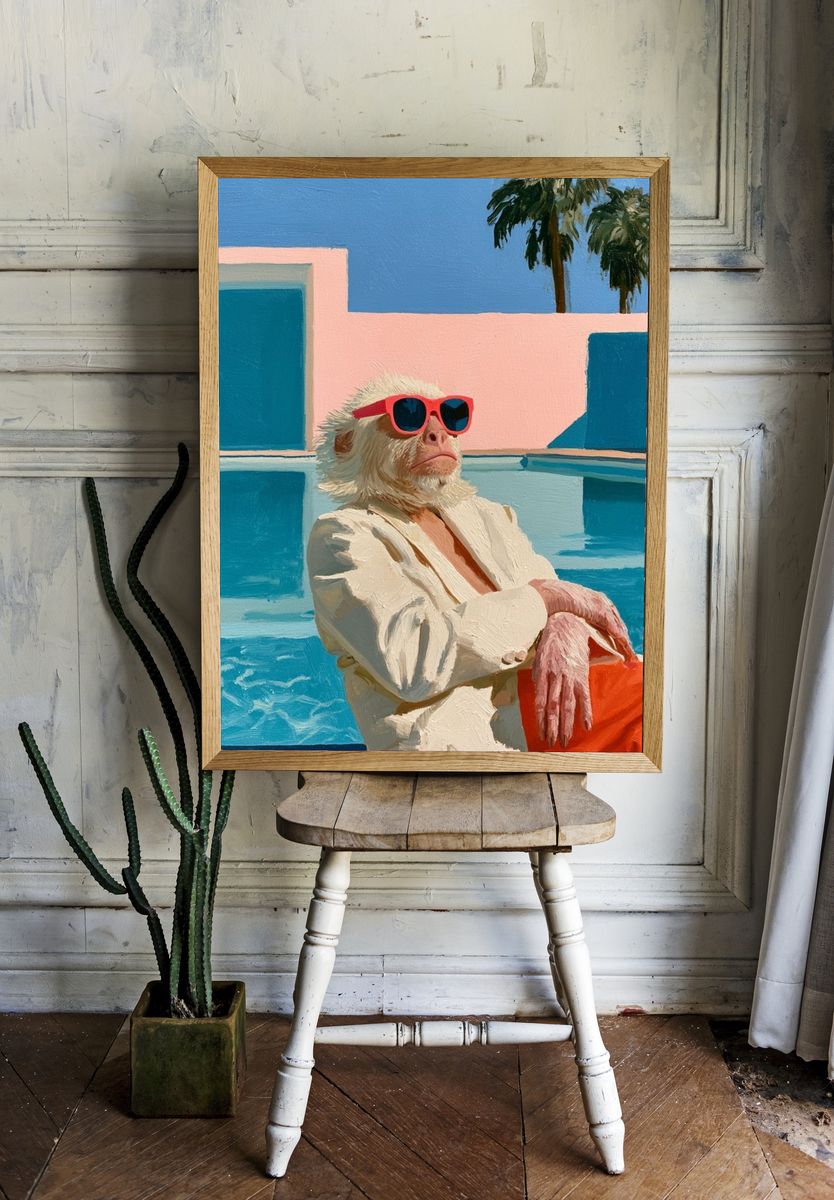 Poolside Monkey Portrait Print. room preview