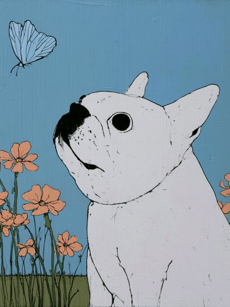 White Bulldog Floral Illustration Poster. poster detail