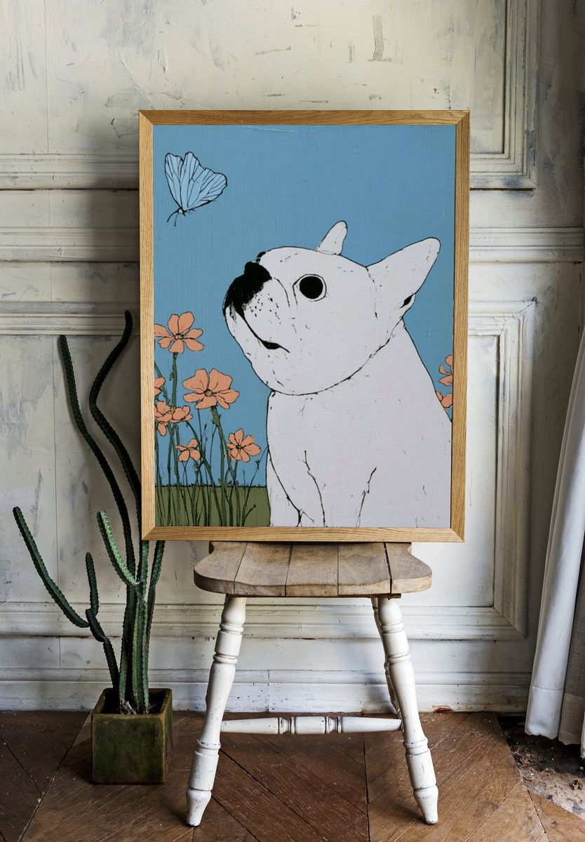White Bulldog Floral Illustration Poster. — room view 1
