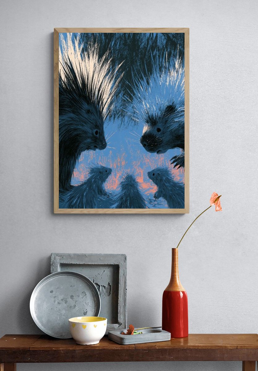 Porcupine Family Illustration Poster. — room view 3
