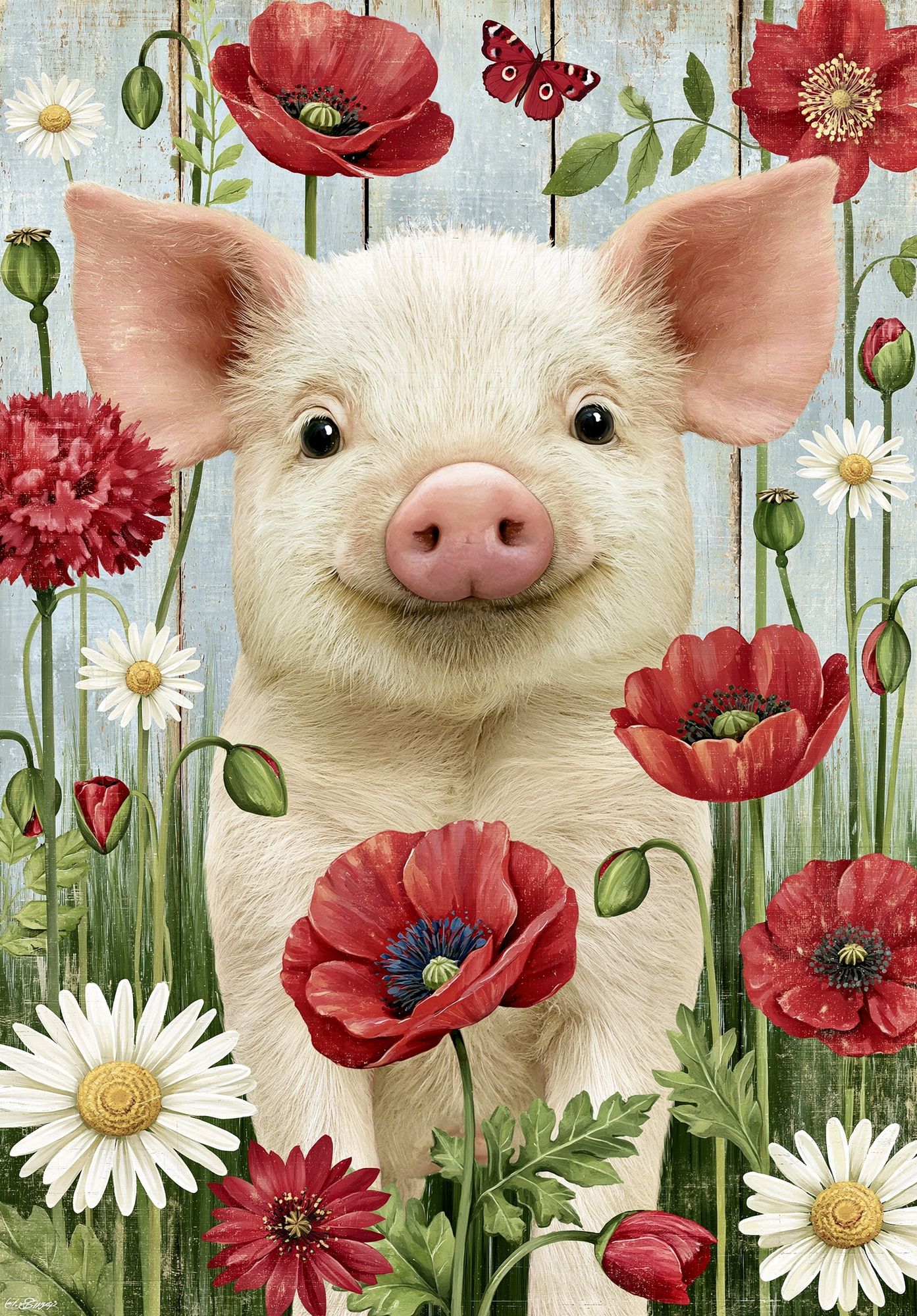 Pig in Wildflowers Illustration Poster. poster detail