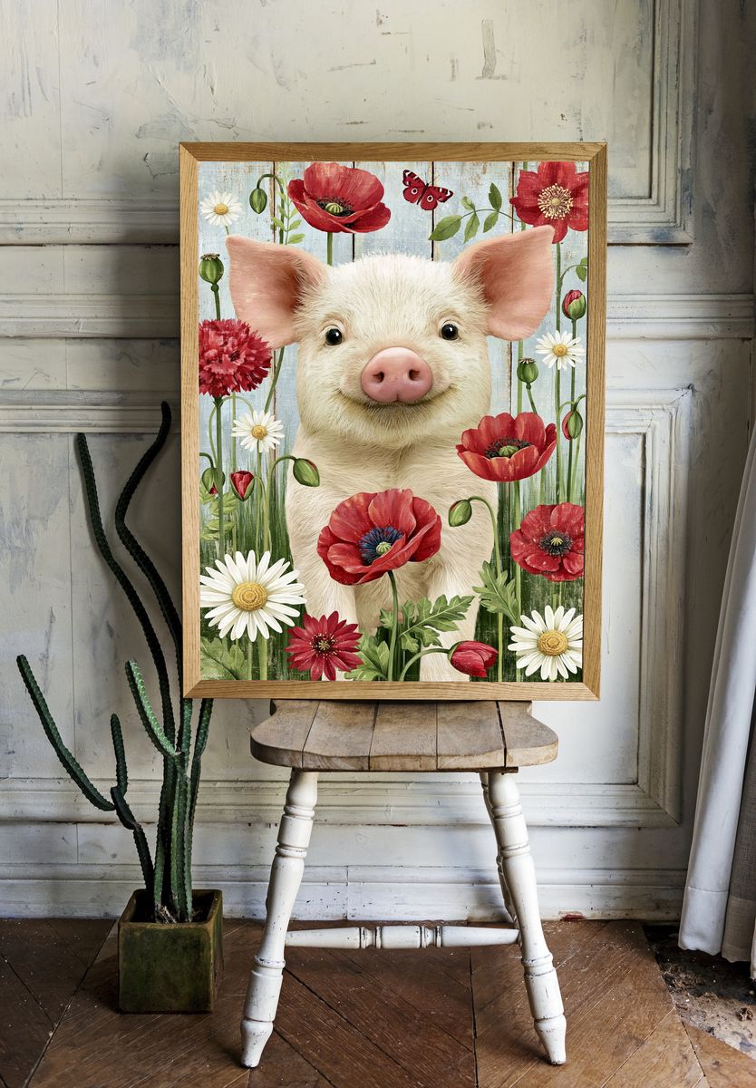 Pig in Wildflowers Illustration Poster. room preview