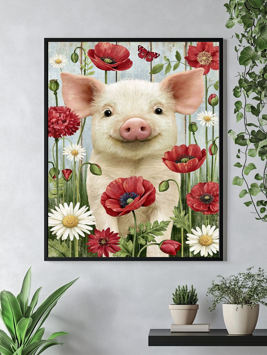 Pig in Wildflowers Illustration Poster. — room view 4