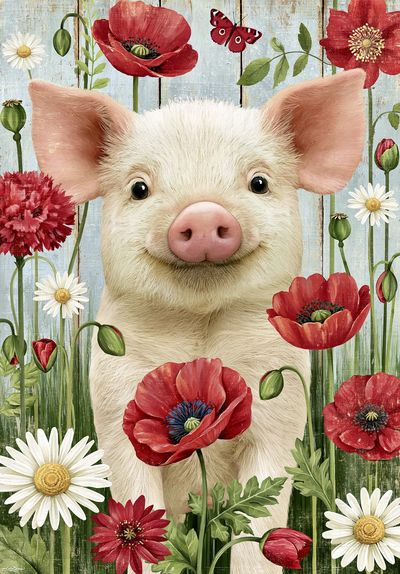 Pig in Wildflowers Illustration Poster. poster