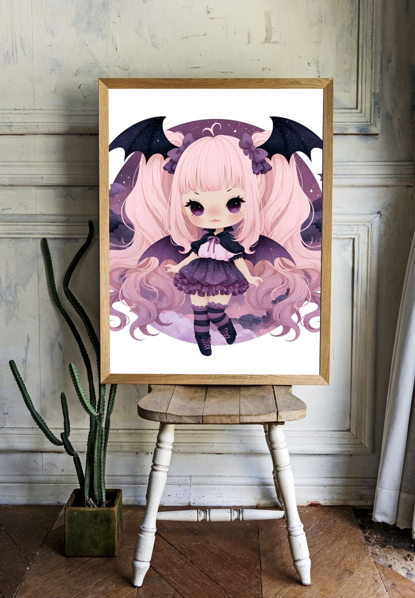 Gothic Chibi Vampire Girl Print. room preview