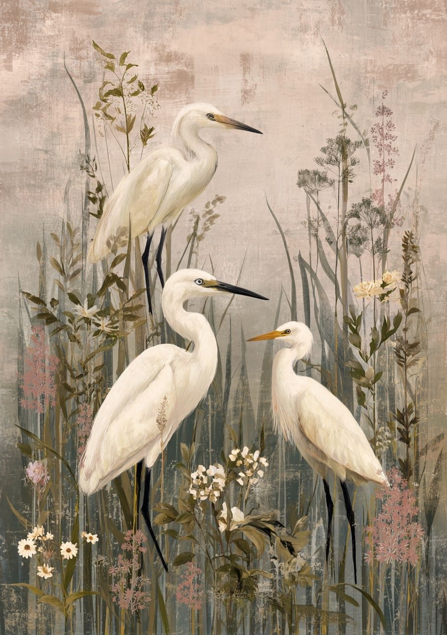 Egrets in Meadow Illustration Poster. poster detail