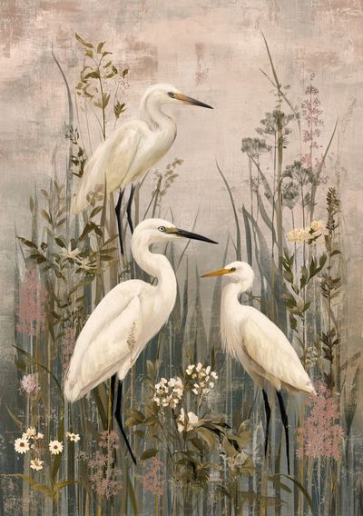 Egrets in Meadow Illustration Poster. poster