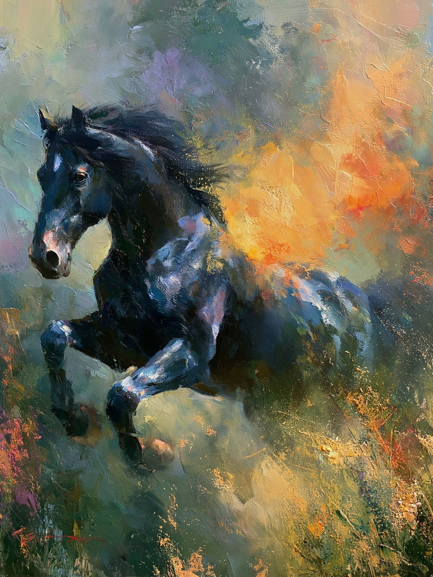 Black Horse in Bloom Fine-Art Poster. poster detail