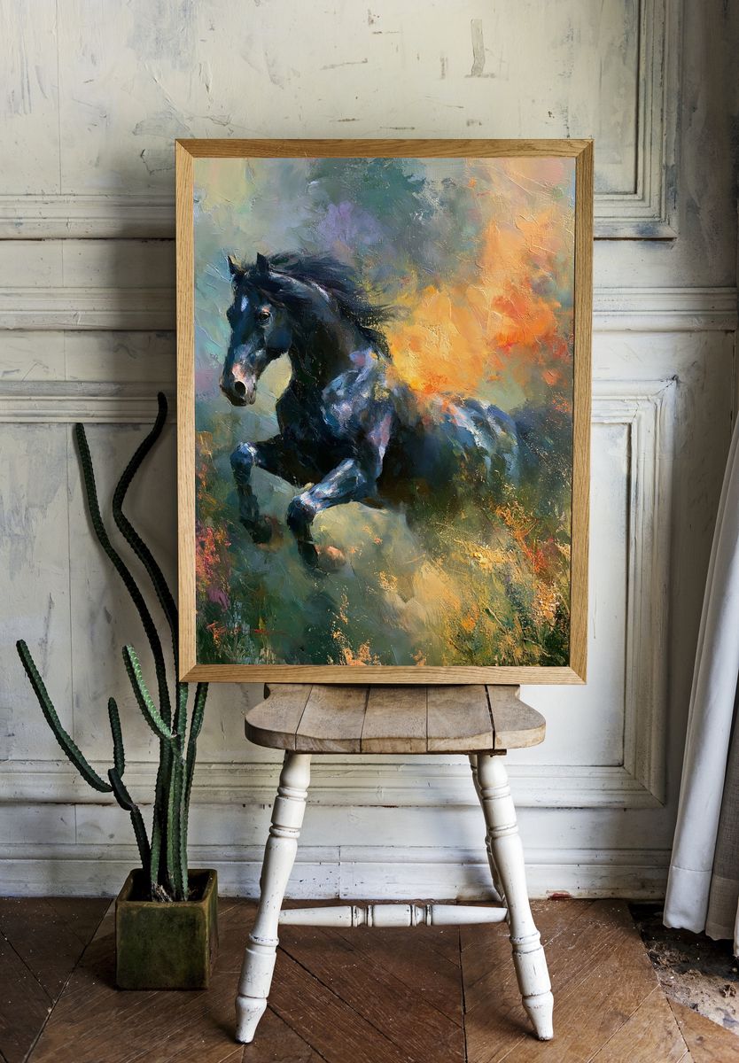 Black Horse in Bloom Fine-Art Poster. — room view 1