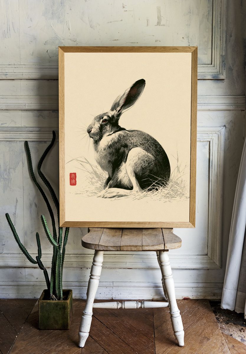 Hare Ink Illustration Poster. — room view 1
