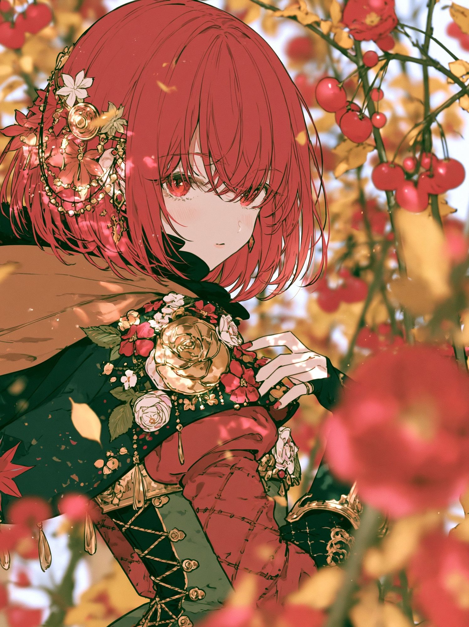 Red-Haired Floral Anime Portrait Poster. poster detail