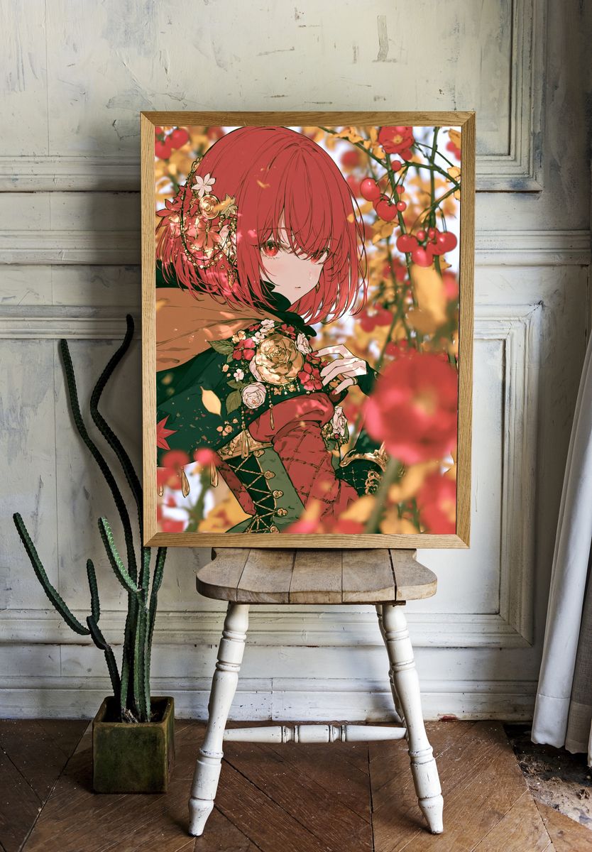 Red-Haired Floral Anime Portrait Poster. room preview