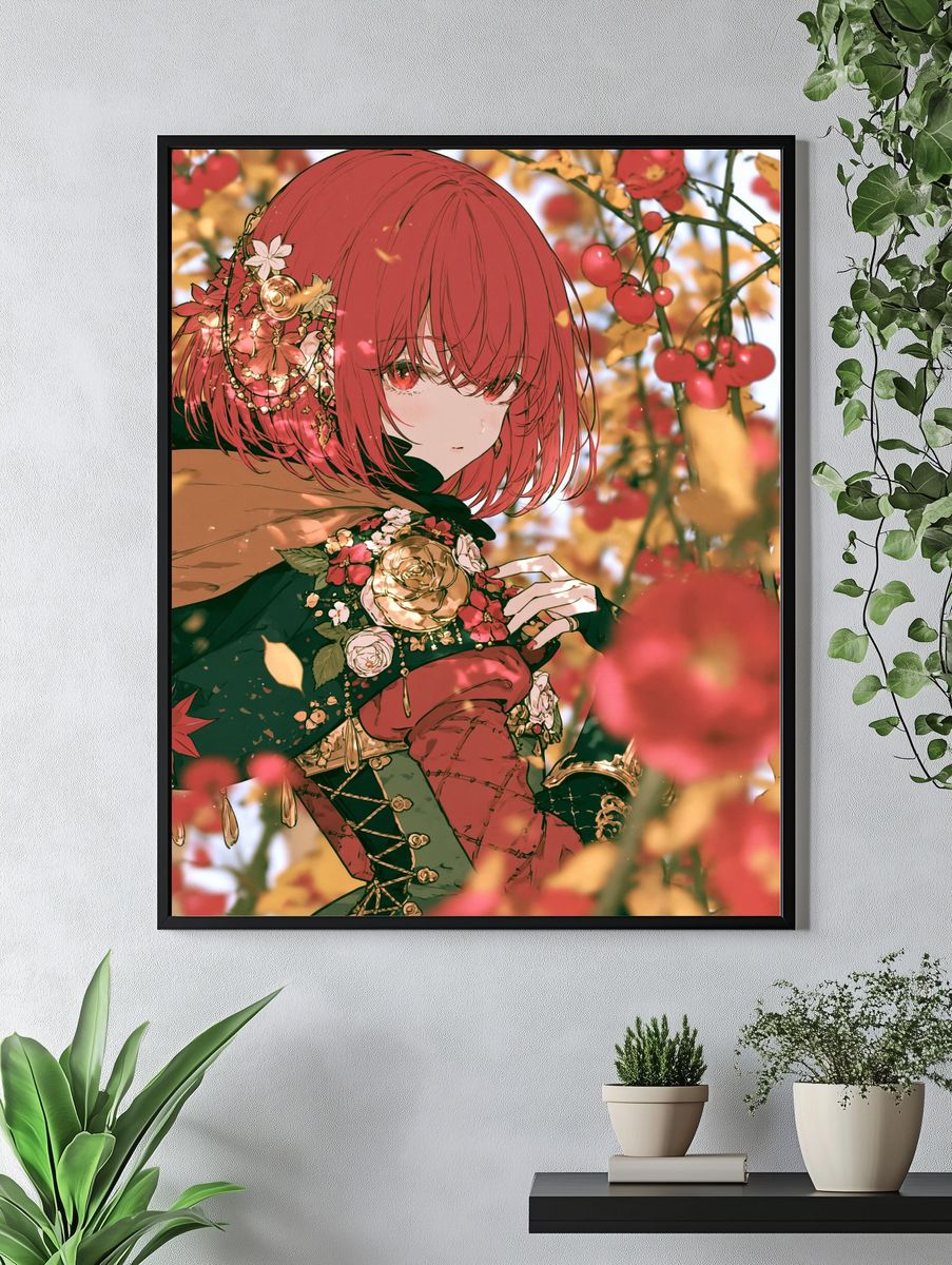 Red-Haired Floral Anime Portrait Poster. — room view 4