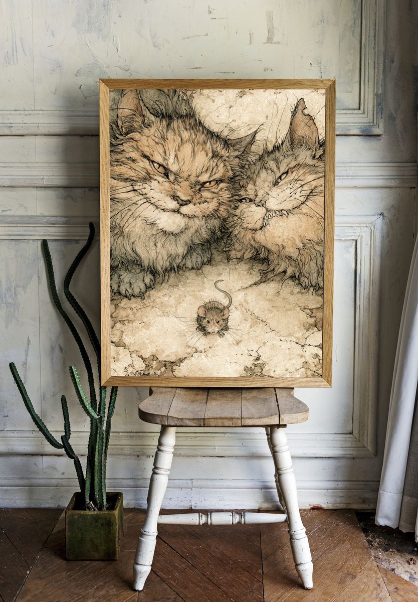 Cats and Mouse Illustration Poster. — room view 1