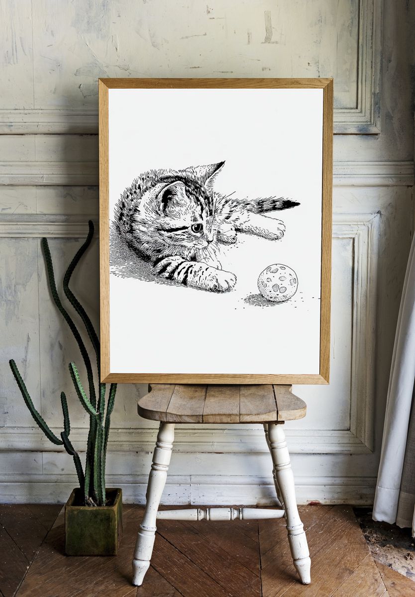 Playful Kitten Line-Art Poster. — room view 1