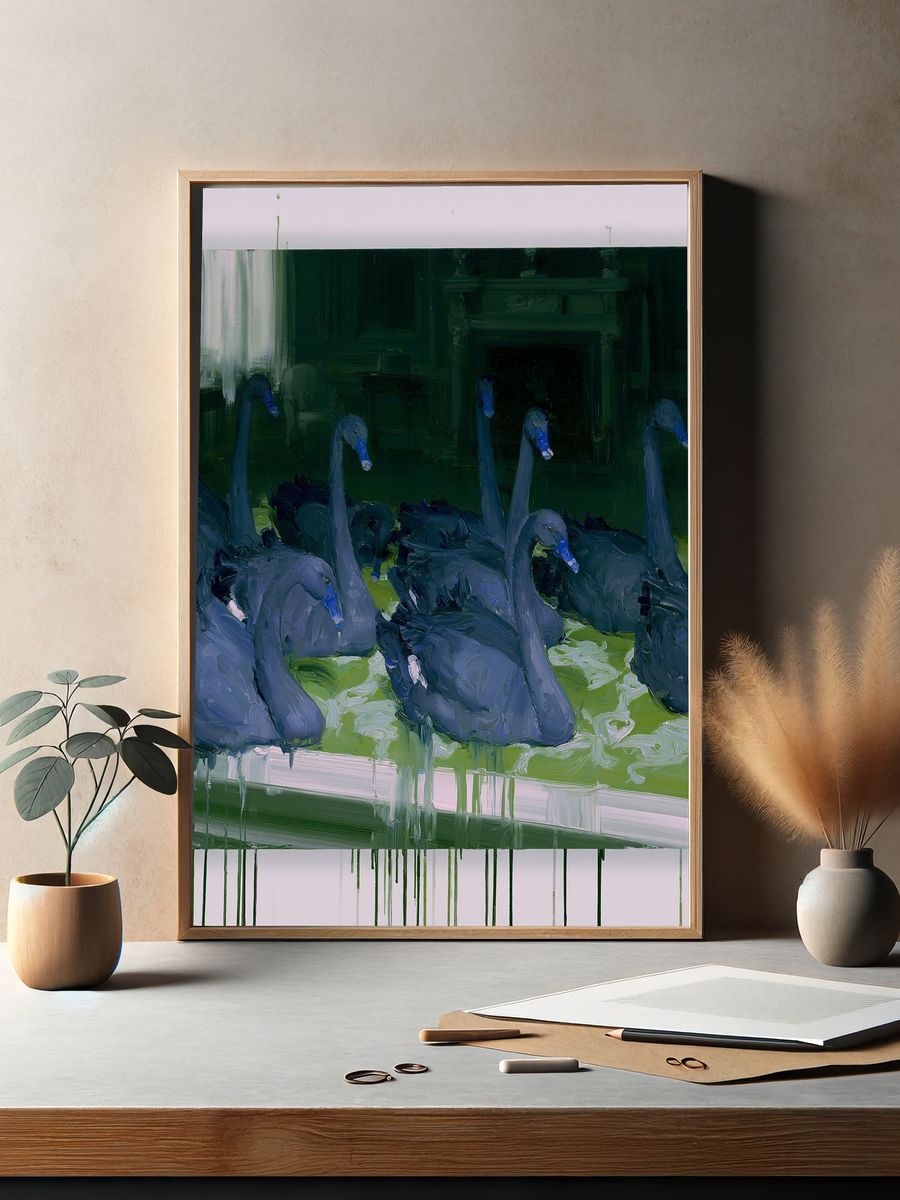 Swans in Green Pond Poster. — room view 2