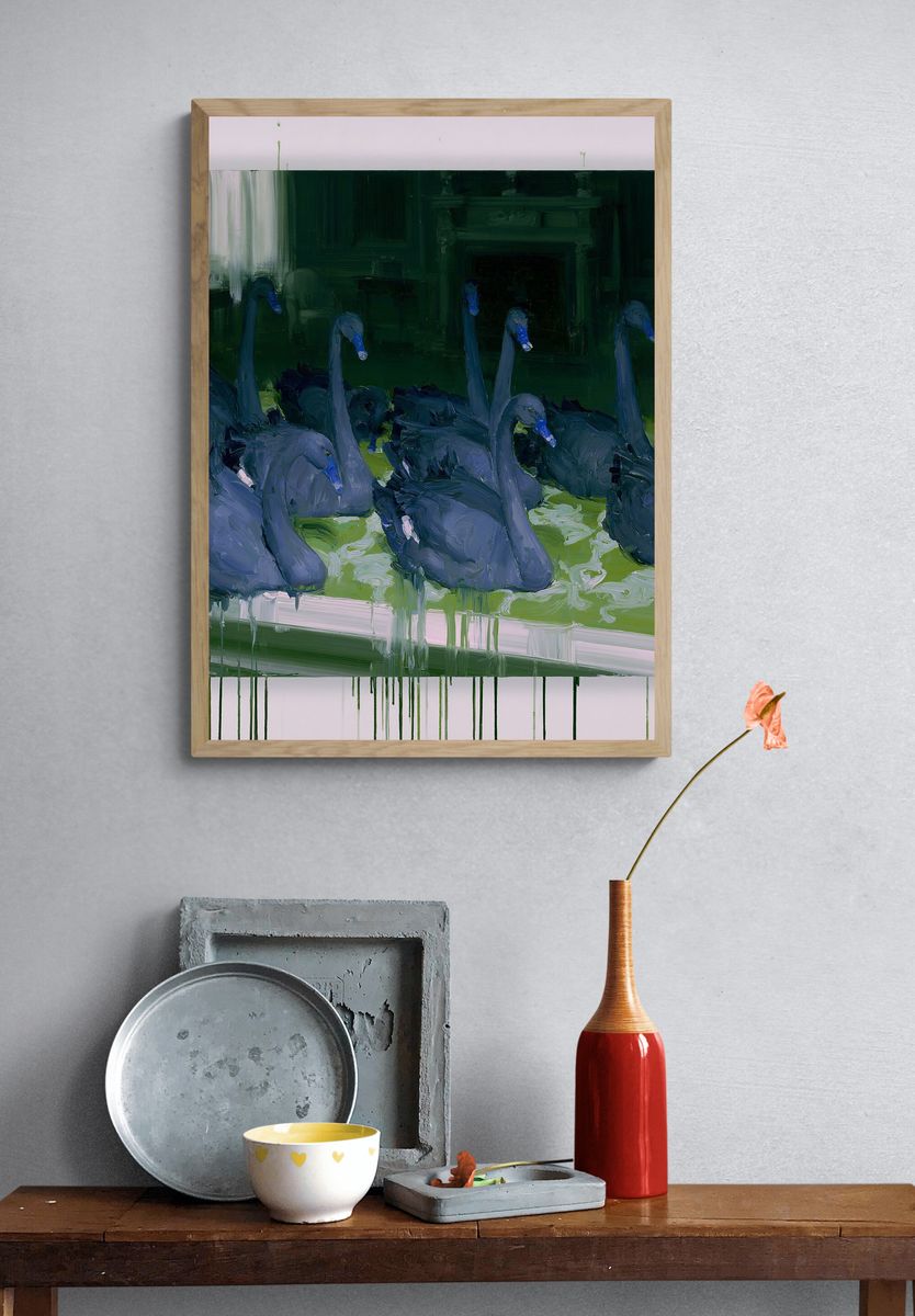 Swans in Green Pond Poster. — room view 3