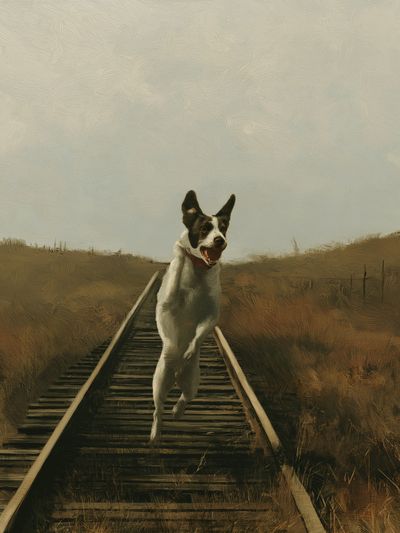 Running Dog on Tracks Print. poster