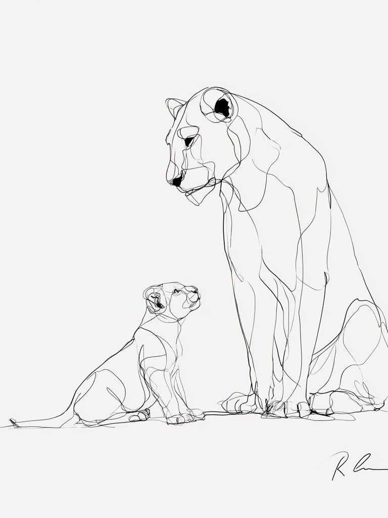 Lioness and Cub Line Art Poster. poster — animals art