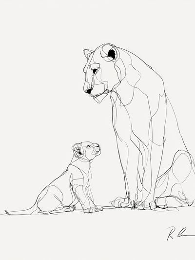 Lioness and Cub Line Art Poster.