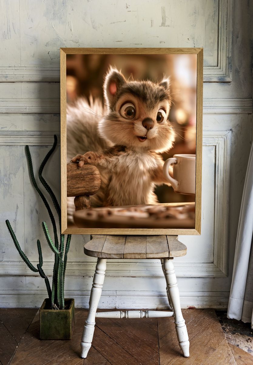 Cute Squirrel with Mug Illustration Poster. — room view 1