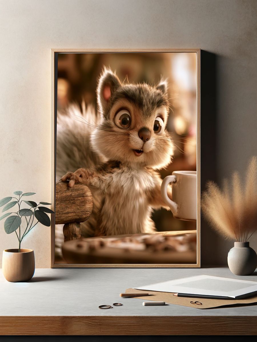 Cute Squirrel with Mug Illustration Poster. — room view 2
