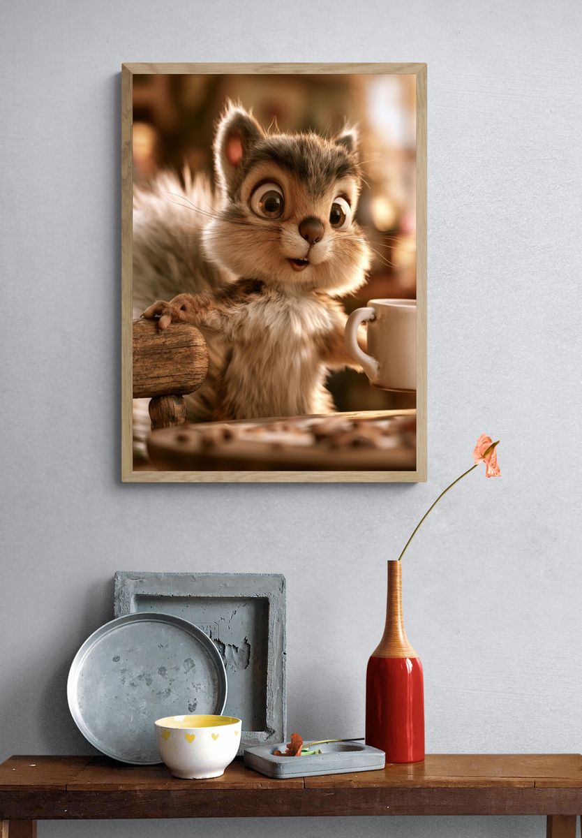 Cute Squirrel with Mug Illustration Poster. — room view 3