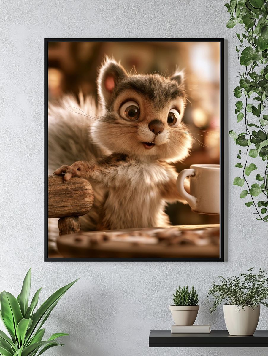 Cute Squirrel with Mug Illustration Poster. — room view 4