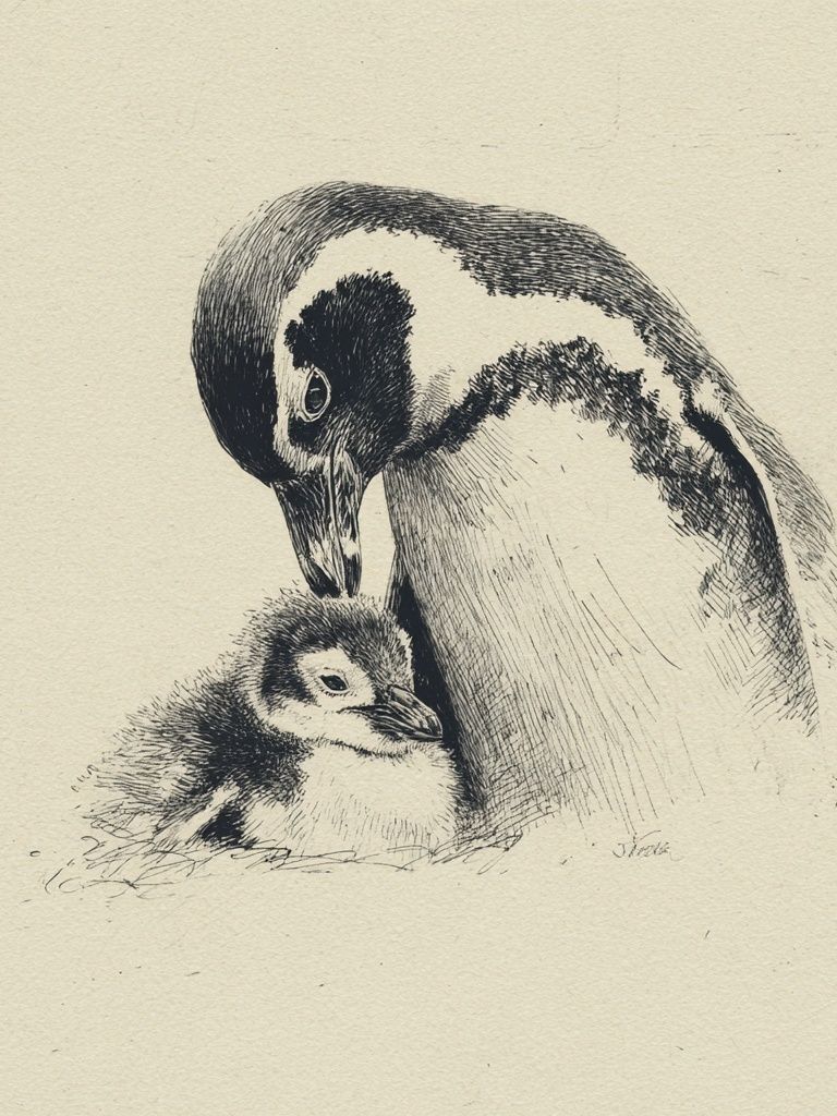Penguin Parent and Chick Ink Print. poster — animals art