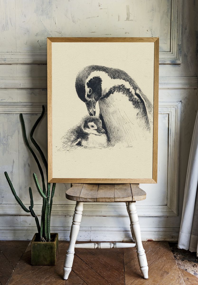 Penguin Parent and Chick Ink Print. — room view 1