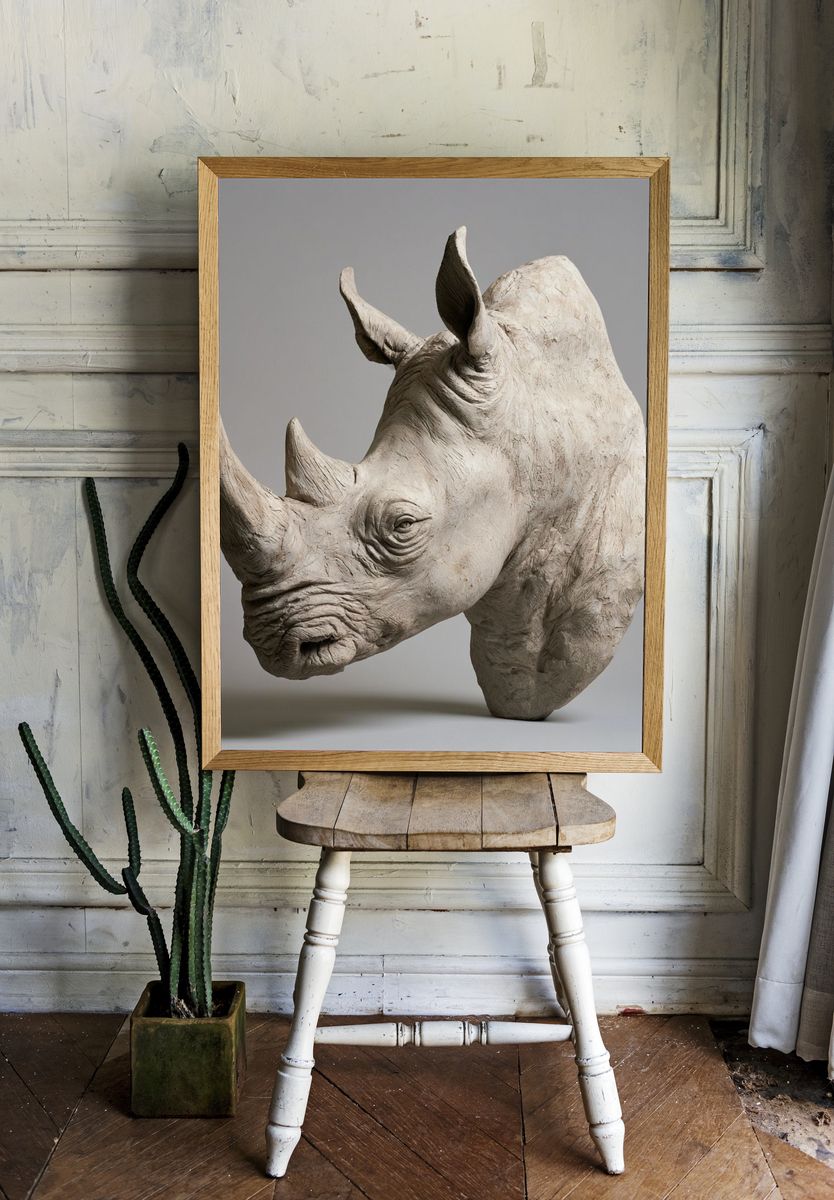 Rhino Sculpture Portrait Print. room preview
