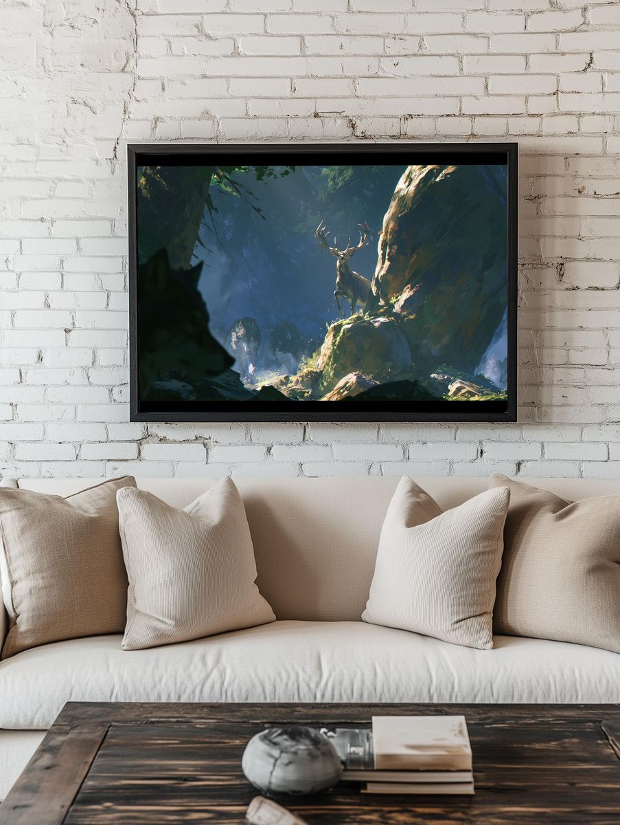 Deer in Misty Forest Print. room preview