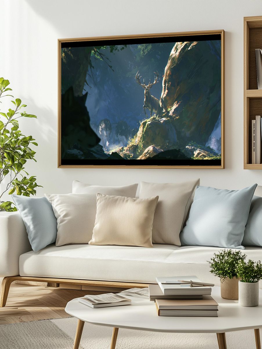 Deer in Misty Forest Print. — room view 2