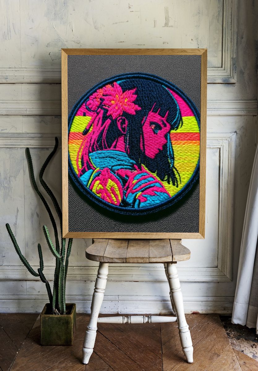 Neon Anime Girl Embroidery Print. room preview